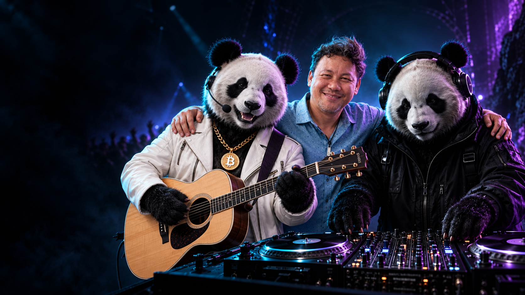 Jimmy Tsoo entouré du panda DJ en noir et du panda guitariste en veste blanche avec collier Bitcoin et micro-casque